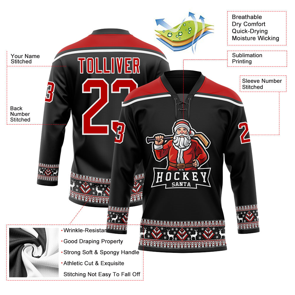 Custom Black Red-White Christmas Santa Claus 3D Hockey Lace Neck Jersey view 3