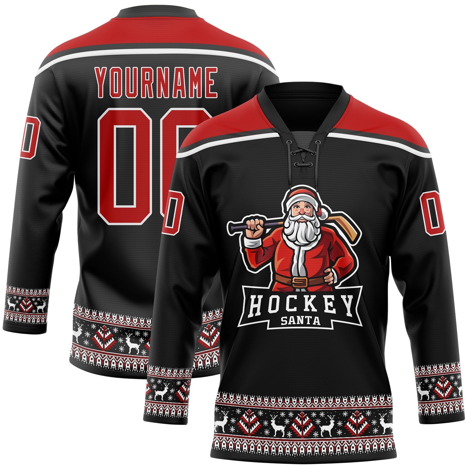 Custom Black Red-White Christmas Santa Claus 3D Hockey Lace Neck Jersey - Main View