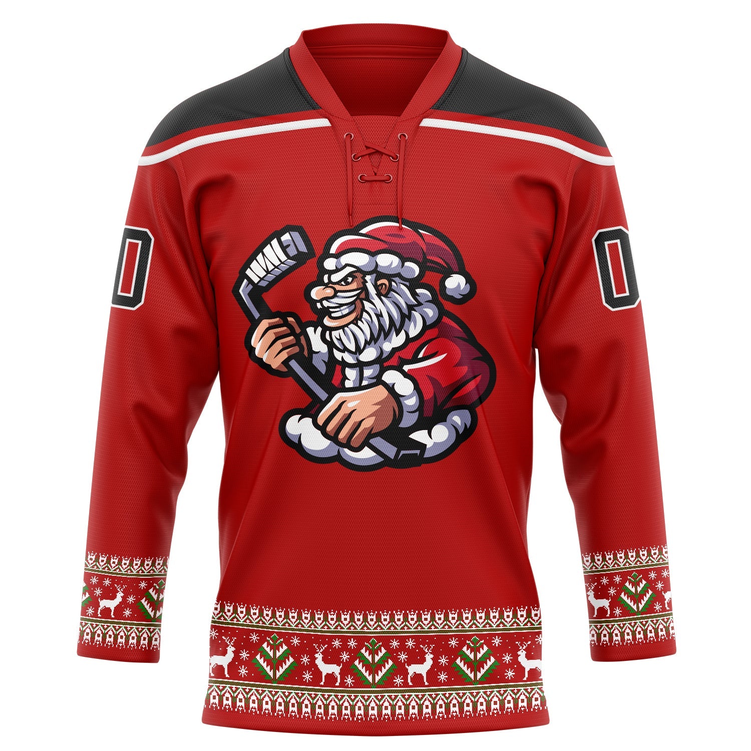 Custom Red Black-White Christmas Santa Claus 3D Hockey Lace Neck Jersey view 2