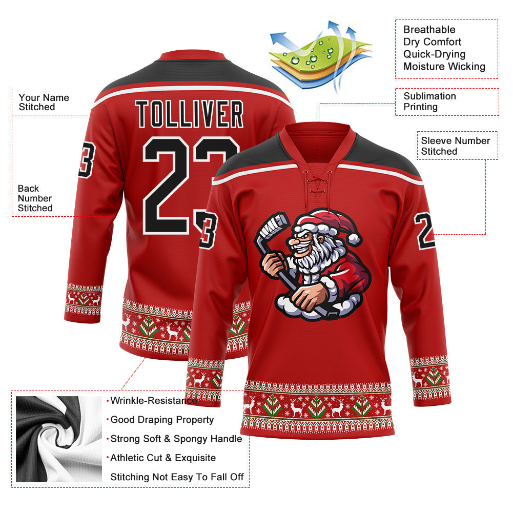 Custom Red Black-White Christmas Santa Claus 3D Hockey Lace Neck Jersey view 3