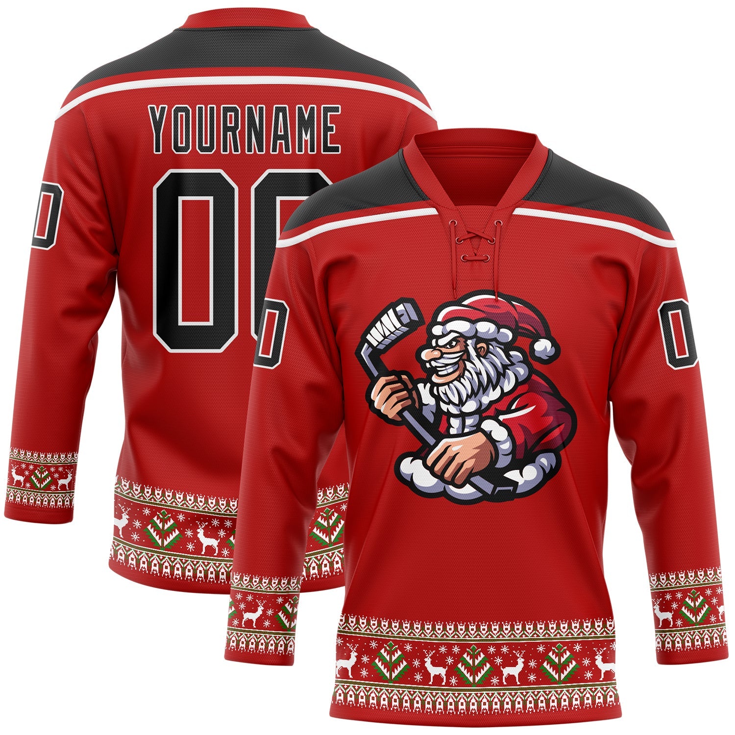 Custom Red Black-White Christmas Santa Claus 3D Hockey Lace Neck Jersey - Main View