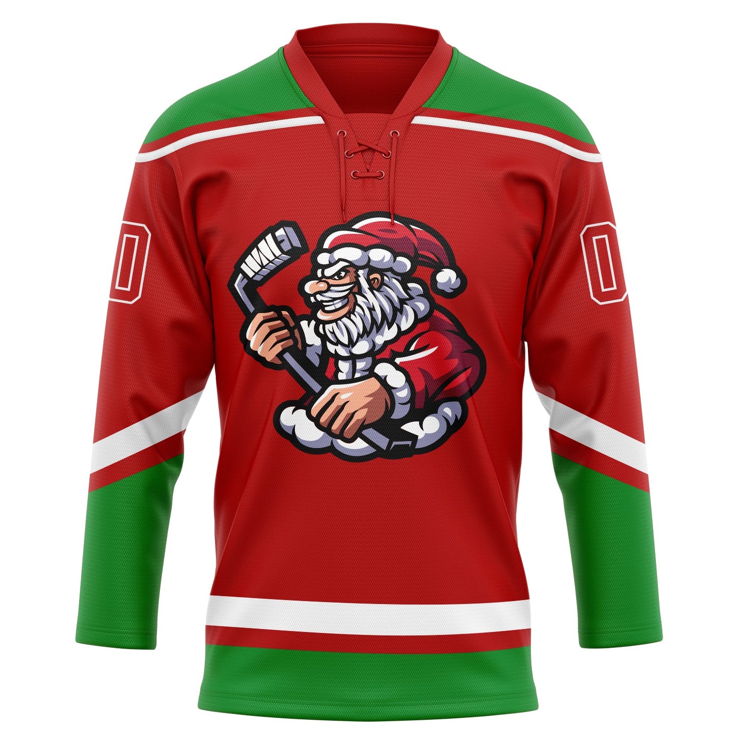 Custom Red Grass Green-White Christmas Santa Claus 3D Hockey Lace Neck Jersey view 3