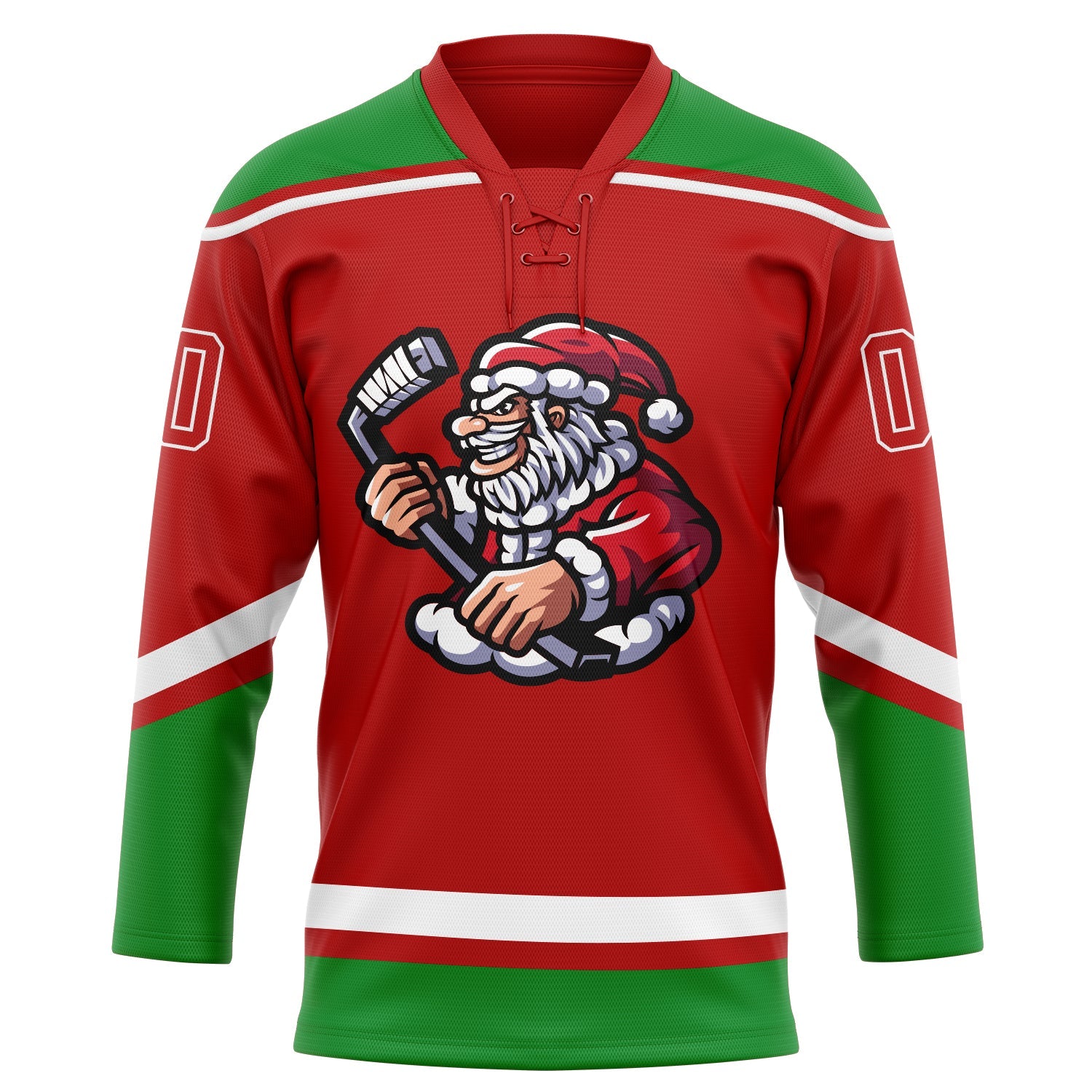 Custom Red Grass Green-White Christmas Santa Claus 3D Hockey Lace Neck Jersey view 3
