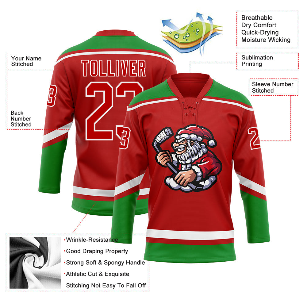 Custom Red Grass Green-White Christmas Santa Claus 3D Hockey Lace Neck Jersey view 4