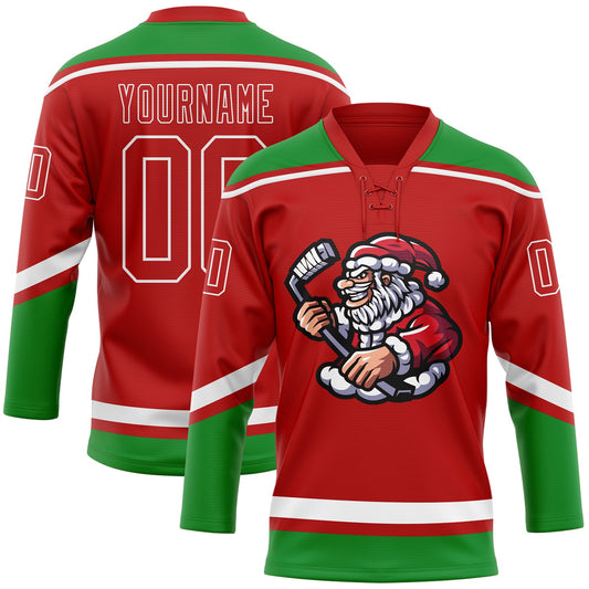Custom Red Grass Green-White Christmas Santa Claus 3D Hockey Lace Neck Jersey - Main View