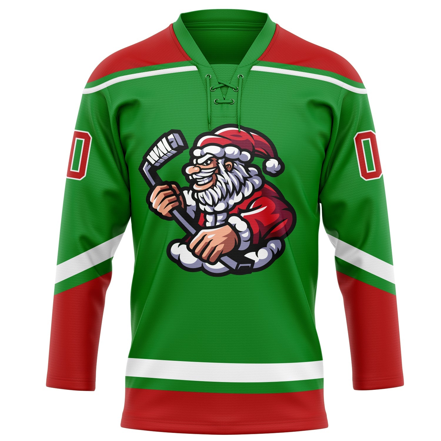 Custom Grass Green Red-White Christmas Santa Claus 3D Hockey Lace Neck Jersey view 2