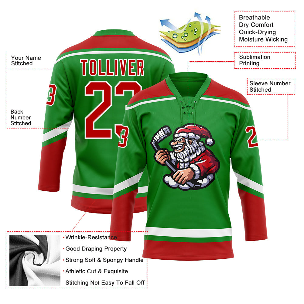Custom Grass Green Red-White Christmas Santa Claus 3D Hockey Lace Neck Jersey view 3