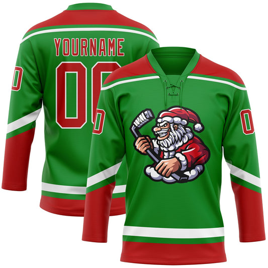 Custom Grass Green Red-White Christmas Santa Claus 3D Hockey Lace Neck Jersey - Main View