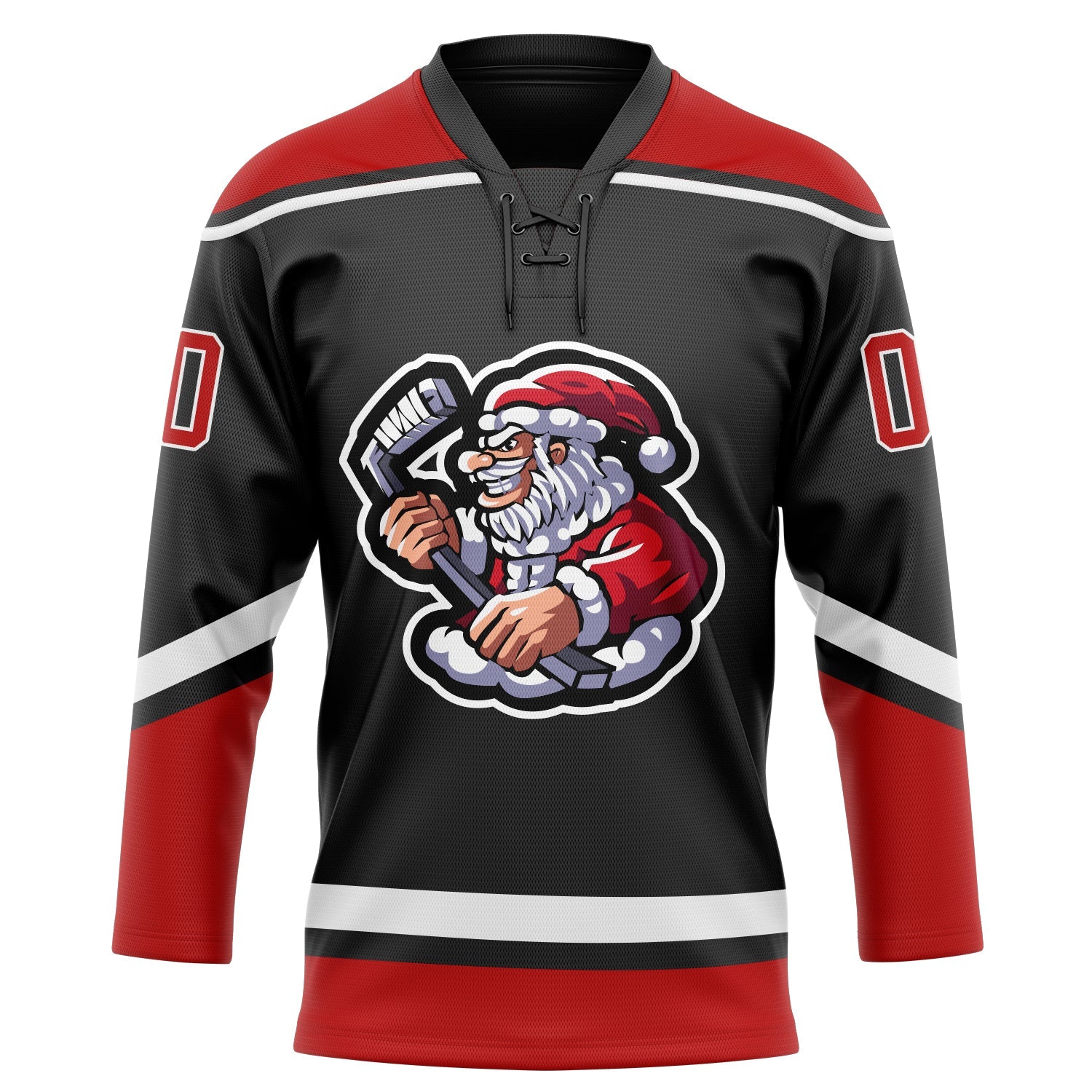 Custom Black Red-White Christmas Santa Claus 3D Hockey Lace Neck Jersey view 2