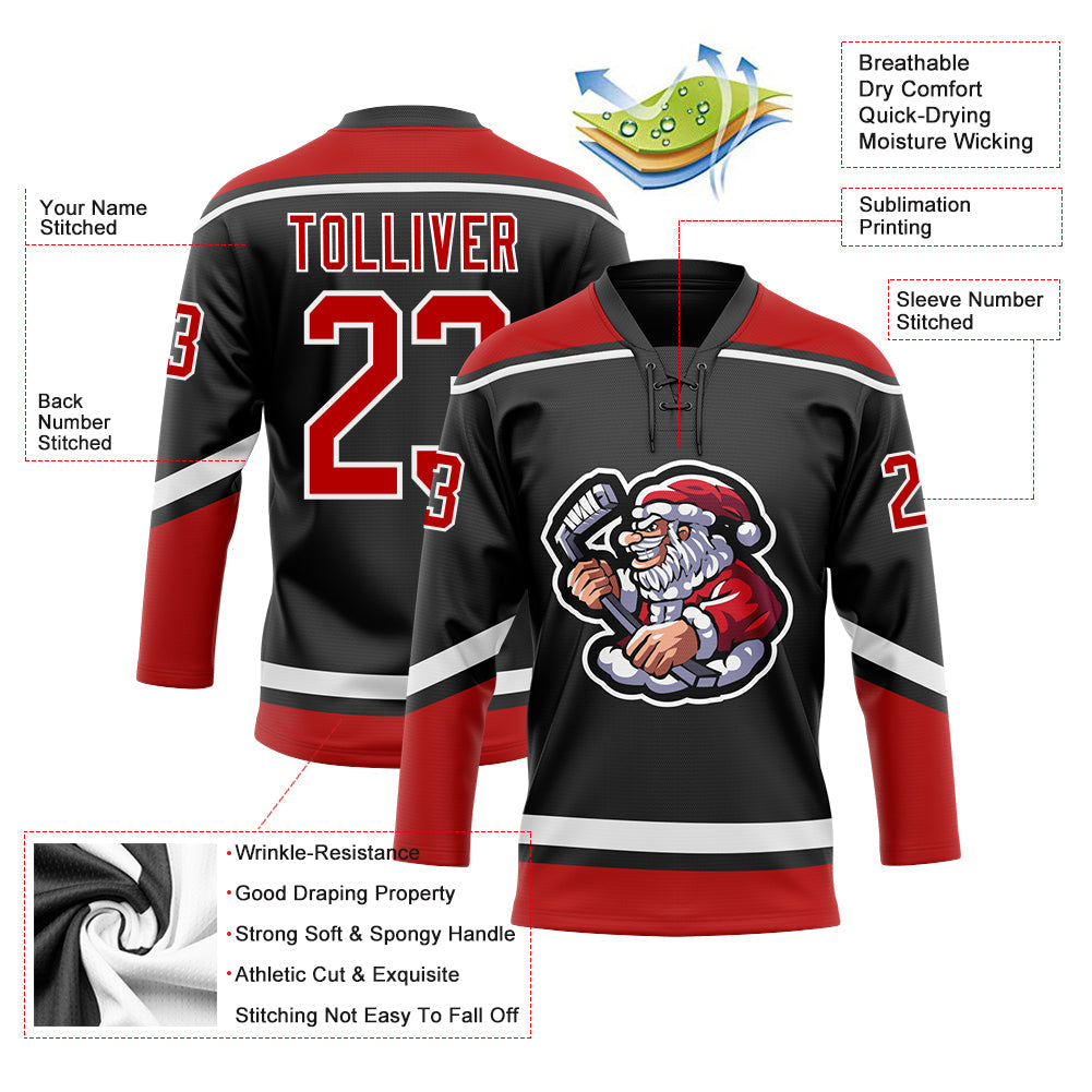Custom Black Red-White Christmas Santa Claus 3D Hockey Lace Neck Jersey view 3
