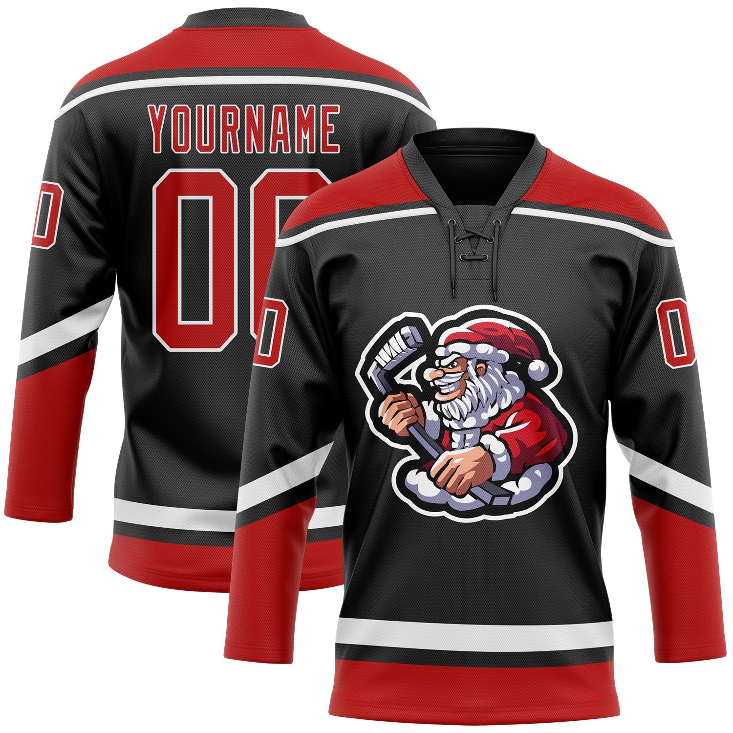 Custom Black Red-White Christmas Santa Claus 3D Hockey Lace Neck Jersey - Main View
