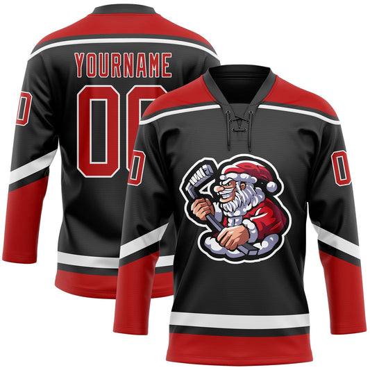 Custom Black Red-White Christmas Santa Claus 3D Hockey Lace Neck Jersey - Main View