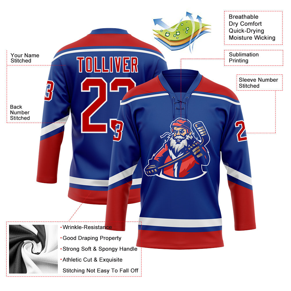 Custom Royal Red-White Christmas Santa Claus 3D Hockey Lace Neck Jersey view 3