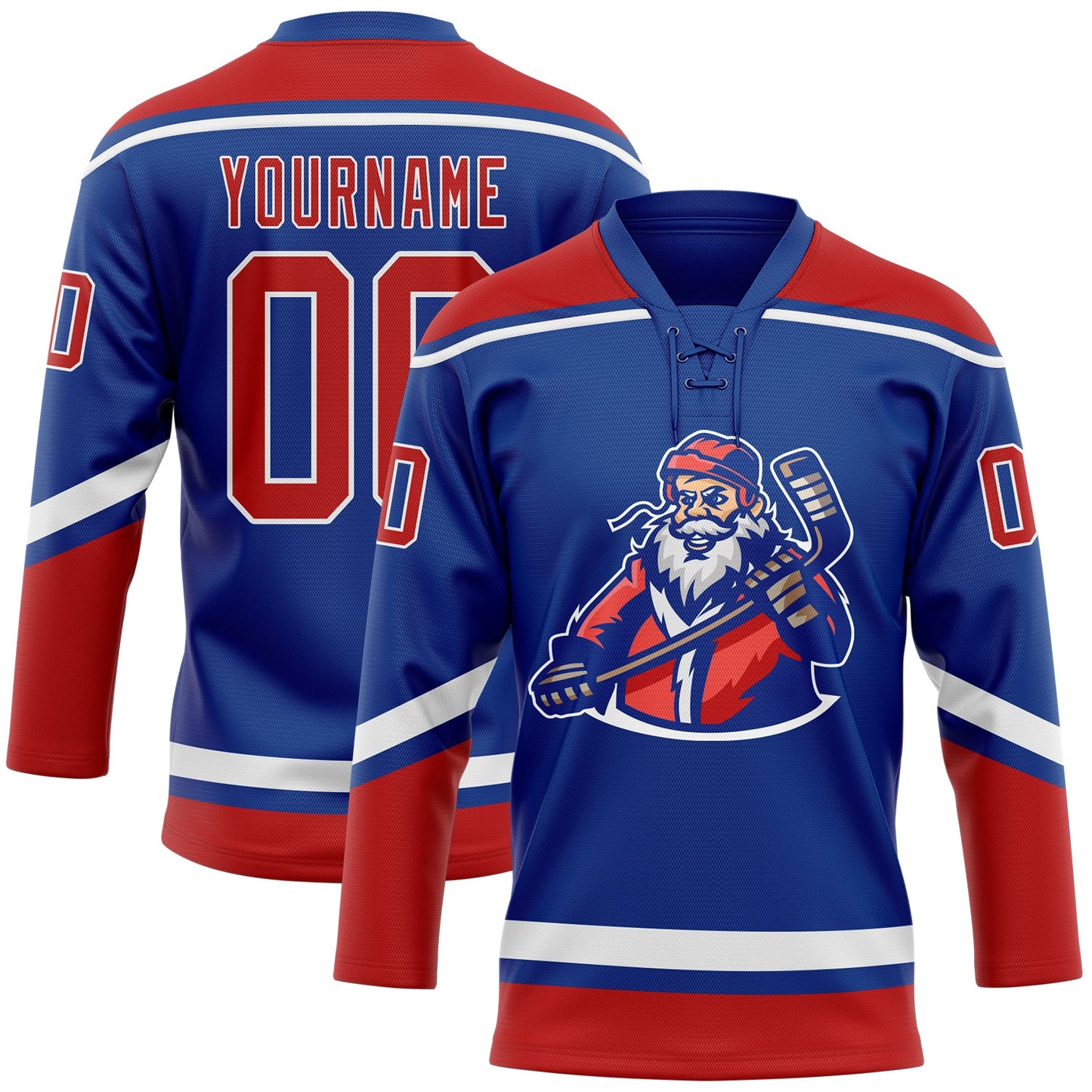 Custom Royal Red-White Christmas Santa Claus 3D Hockey Lace Neck Jersey - Main View