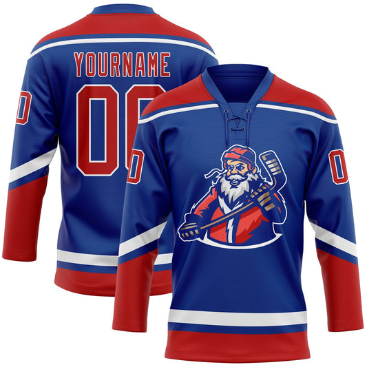 Custom Royal Red-White Christmas Santa Claus 3D Hockey Lace Neck Jersey - Main View