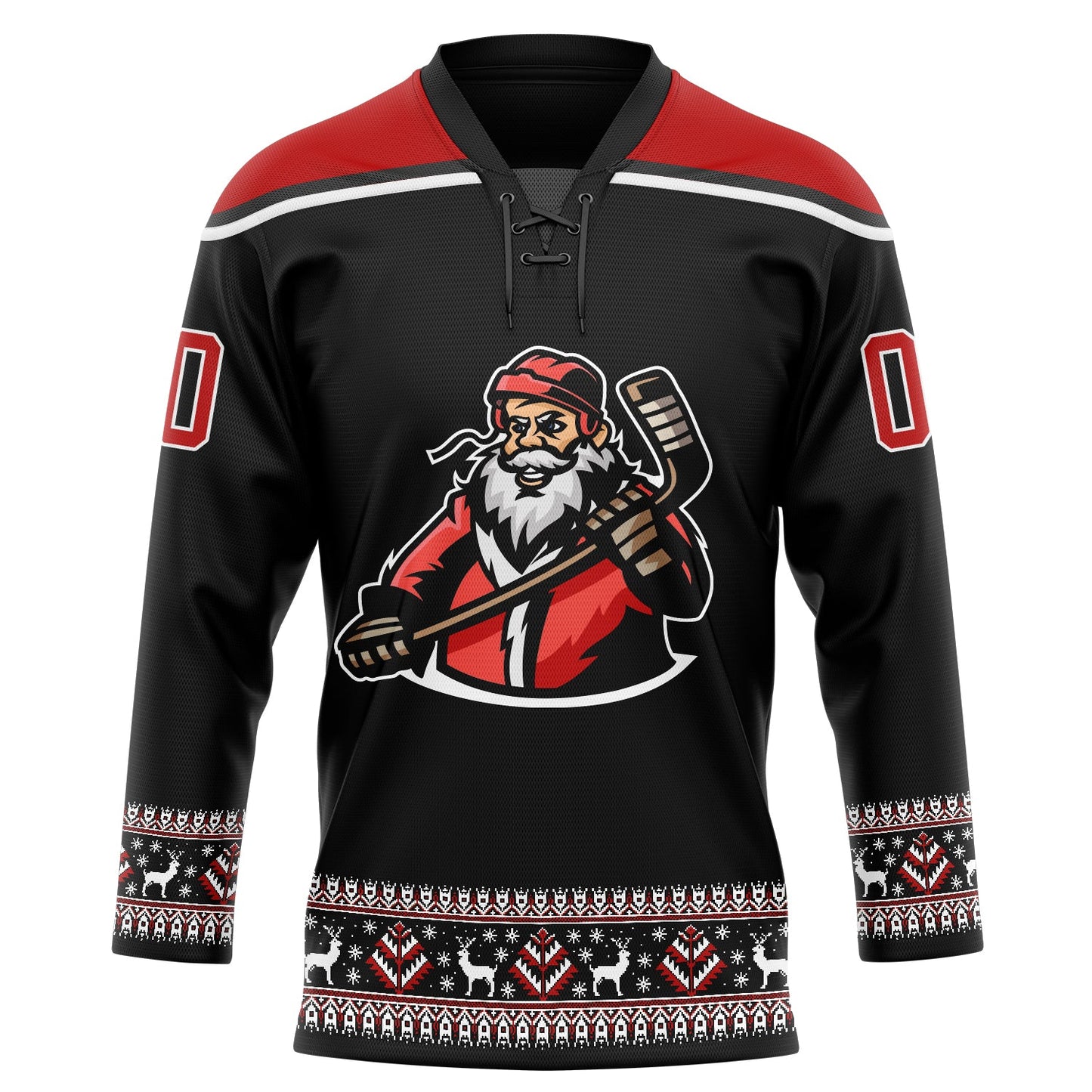 Custom Black Red-White Christmas Santa Claus 3D Hockey Lace Neck Jersey view 3
