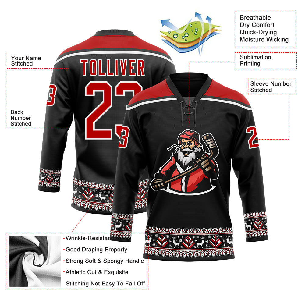 Custom Black Red-White Christmas Santa Claus 3D Hockey Lace Neck Jersey view 4