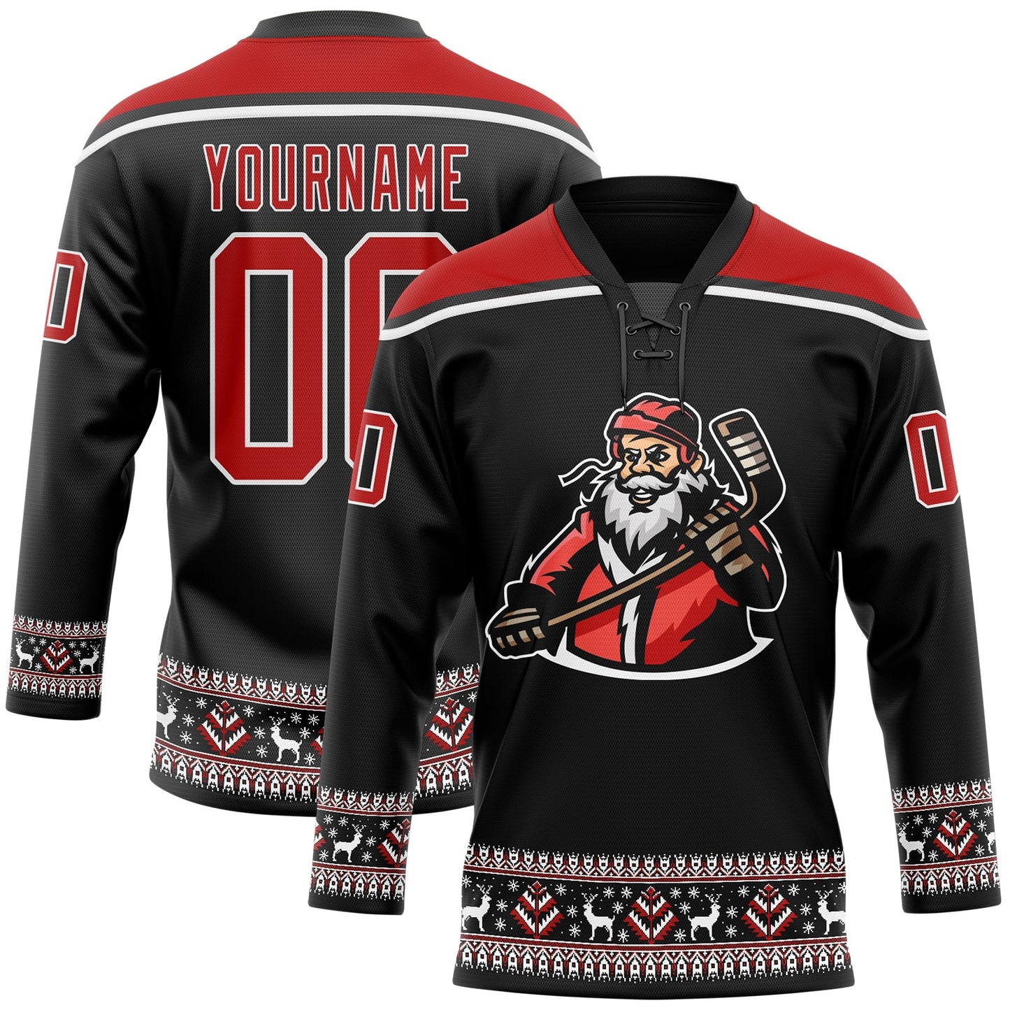 Custom Black Red-White Christmas Santa Claus 3D Hockey Lace Neck Jersey - Main View