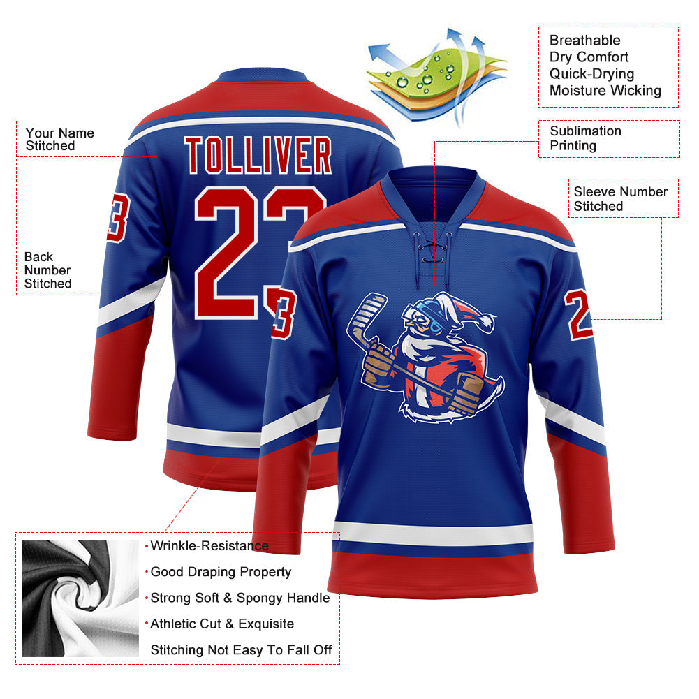 Custom Royal Red-White Christmas Santa Claus 3D Hockey Lace Neck Jersey view 3