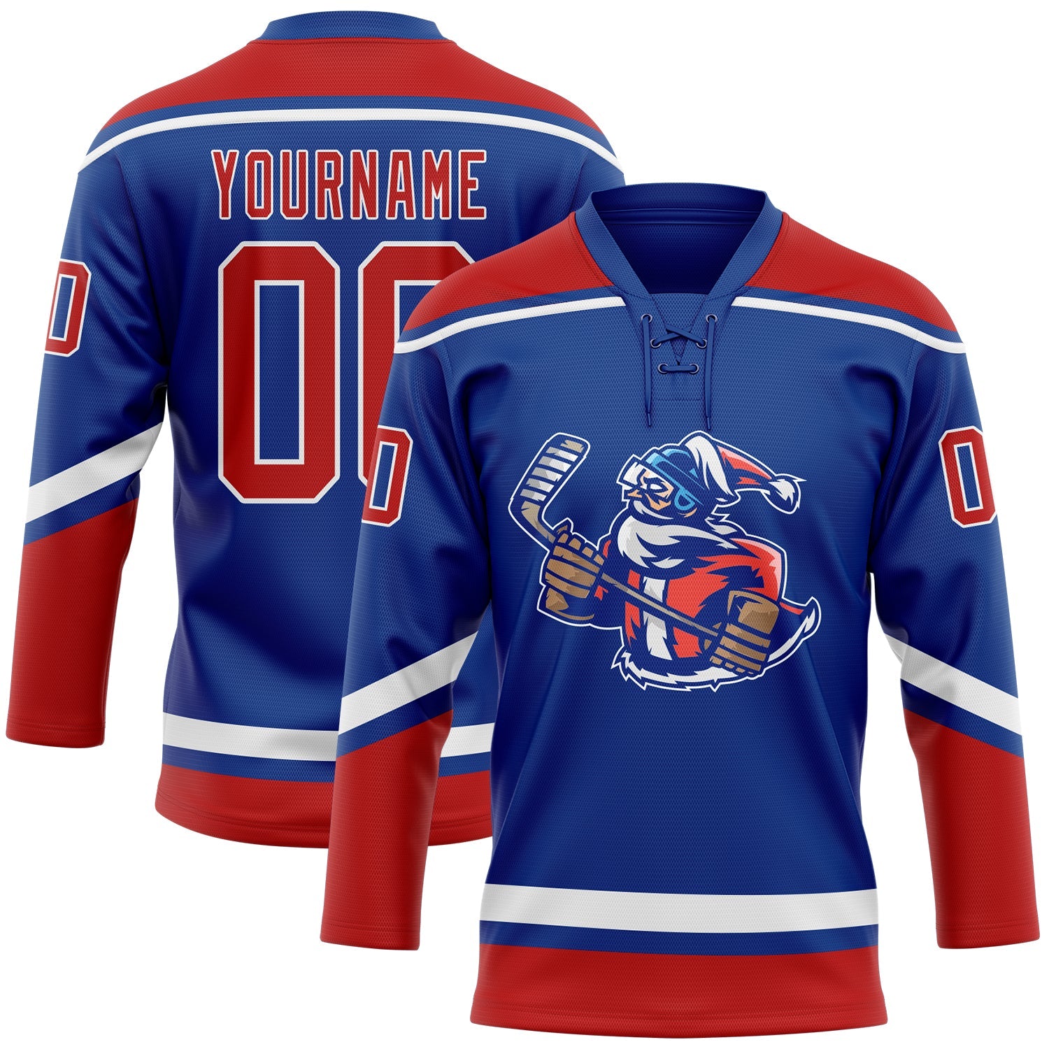 Custom Royal Red-White Christmas Santa Claus 3D Hockey Lace Neck Jersey - Main View
