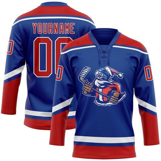 Custom Royal Red-White Christmas Santa Claus 3D Hockey Lace Neck Jersey - Main View