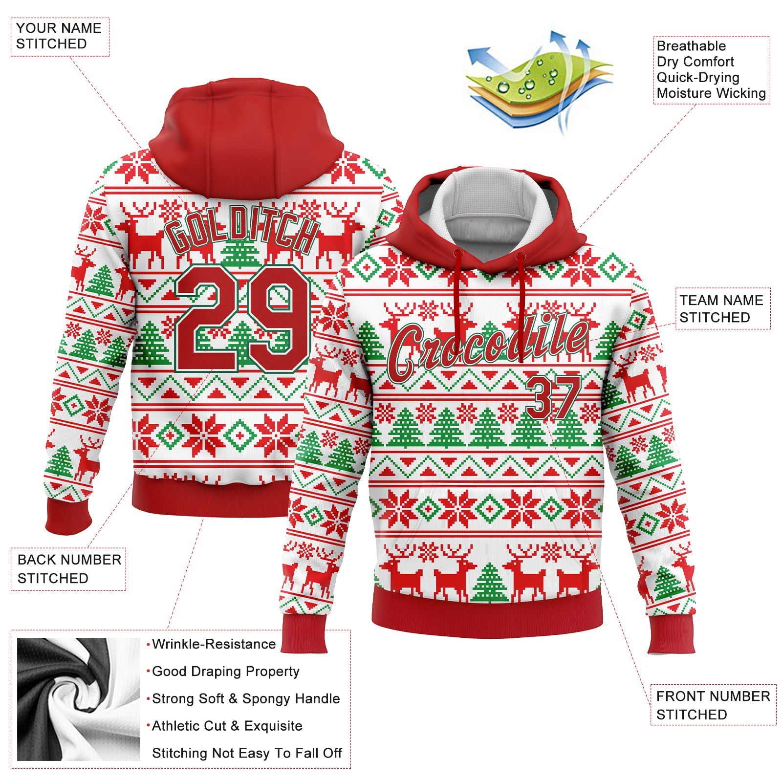 Custom Stitched White Red-Kelly Green Christmas 3D Sports Pullover Sweatshirt Hoodie view 3