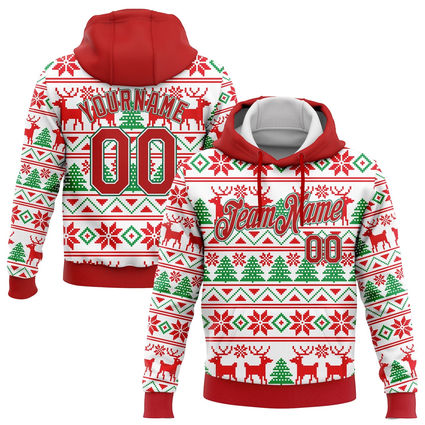 Custom Stitched White Red-Kelly Green Christmas 3D Sports Pullover Sweatshirt Hoodie - Main View