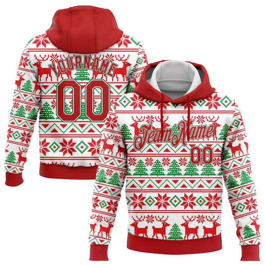 Custom Stitched White Red-Kelly Green Christmas 3D Sports Pullover Sweatshirt Hoodie - Main View