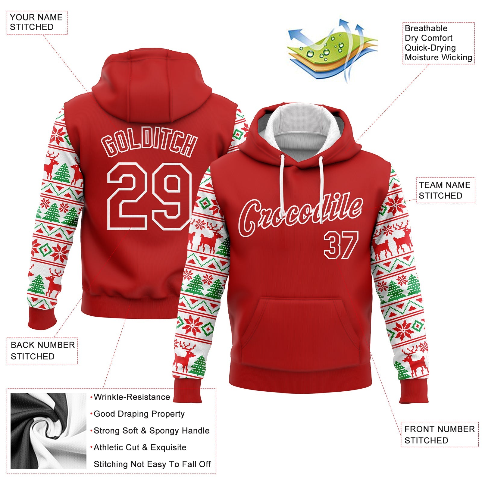 Custom Stitched Red White Christmas 3D Sports Pullover Sweatshirt Hoodie view 2