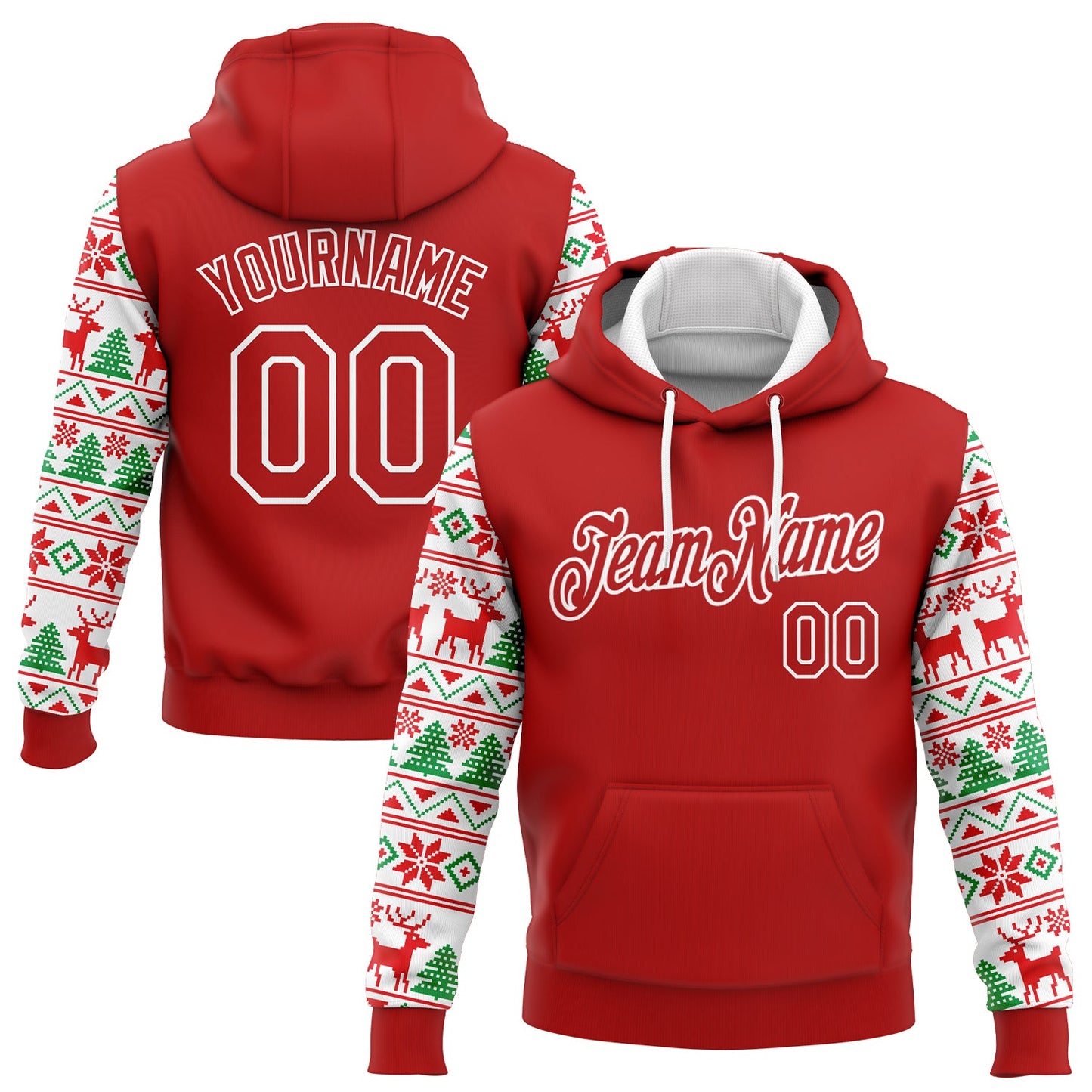 Custom Stitched Red White Christmas 3D Sports Pullover Sweatshirt Hoodie - Main View