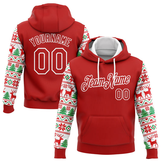 Custom Stitched Red White Christmas 3D Sports Pullover Sweatshirt Hoodie - Main View