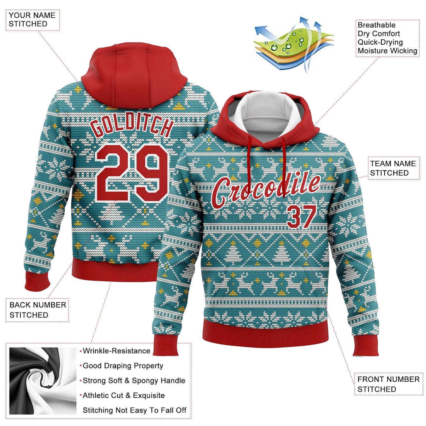 Custom Stitched Teal Red-White Christmas 3D Sports Pullover Sweatshirt Hoodie view 2