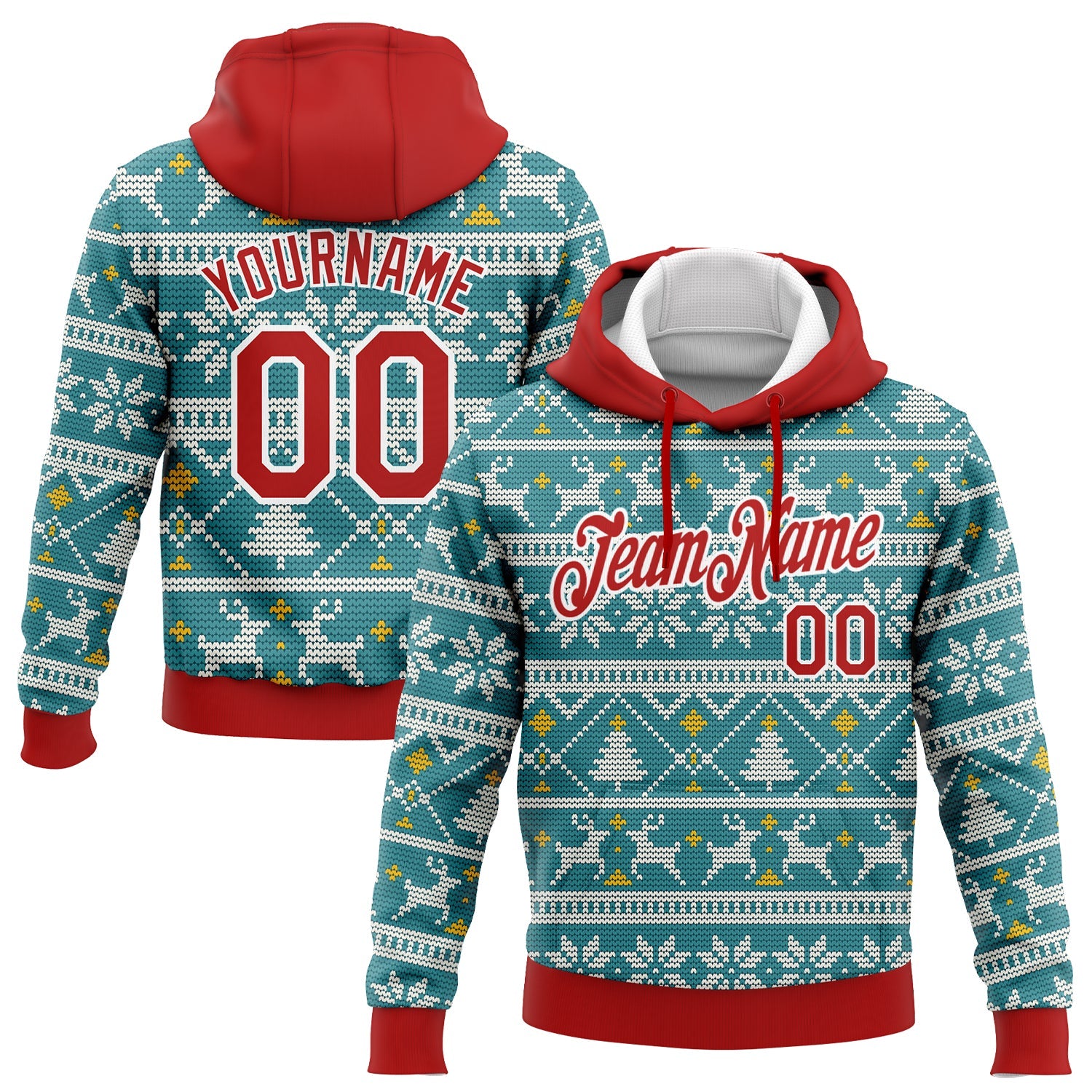 Custom Stitched Teal Red-White Christmas 3D Sports Pullover Sweatshirt Hoodie - Main View