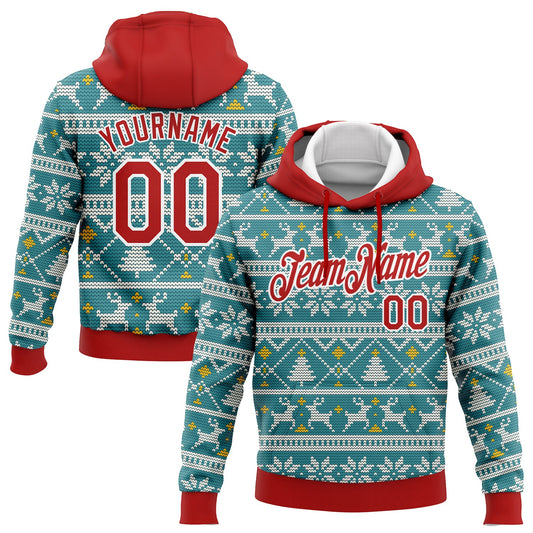 Custom Stitched Teal Red-White Christmas 3D Sports Pullover Sweatshirt Hoodie - Main View