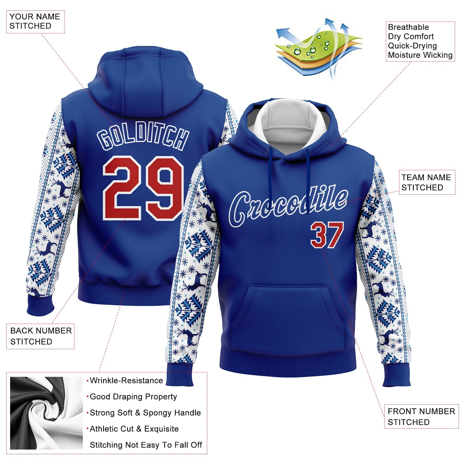 Custom Stitched Royal Red-White Christmas 3D Sports Pullover Sweatshirt Hoodie view 2