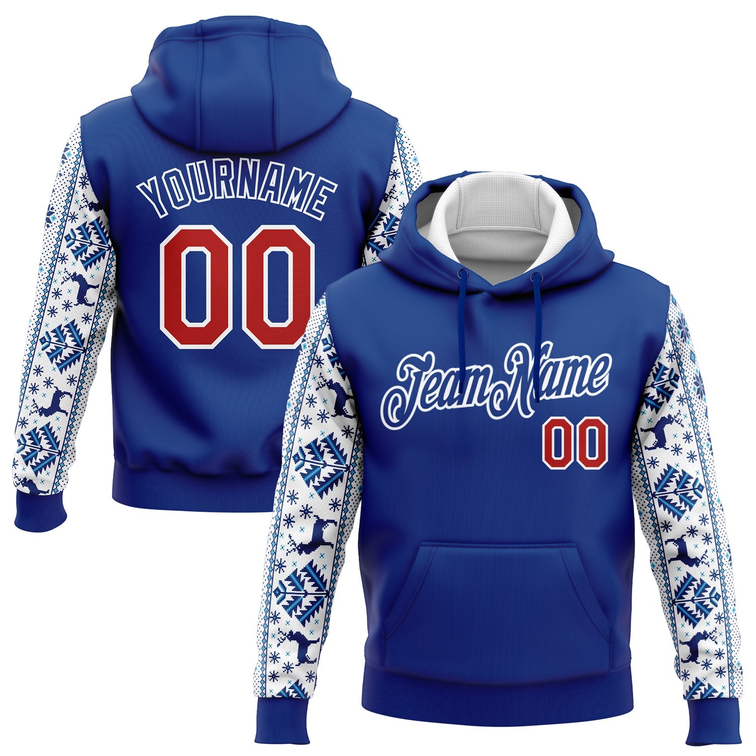 Custom Stitched Royal Red-White Christmas 3D Sports Pullover Sweatshirt Hoodie - Main View