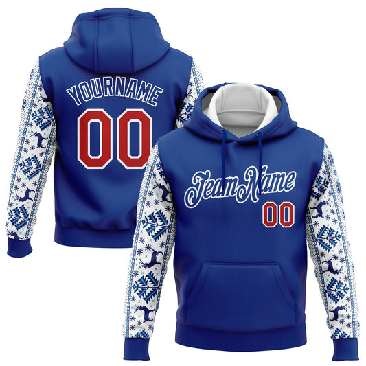 Custom Stitched Royal Red-White Christmas 3D Sports Pullover Sweatshirt Hoodie - Main View