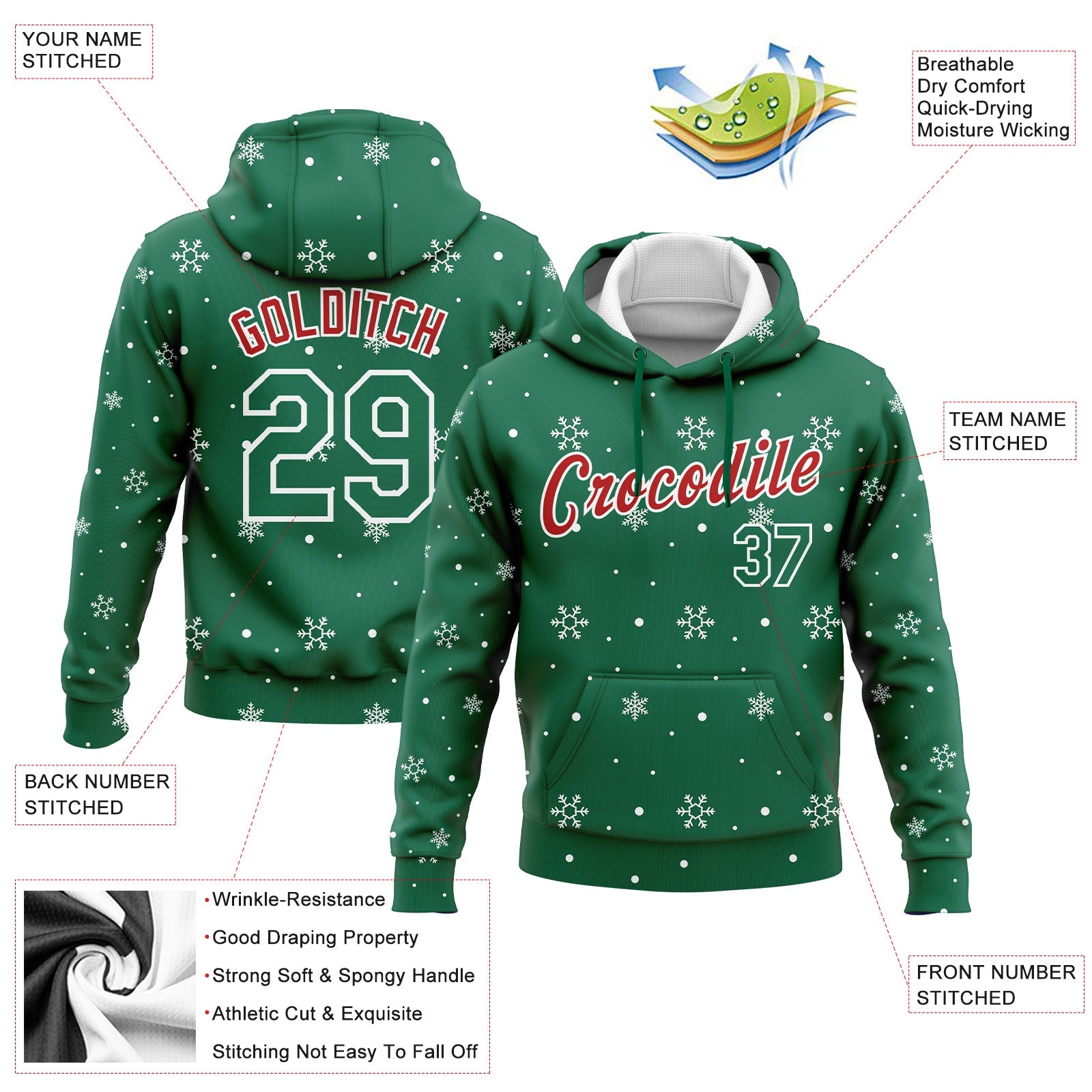 Custom Stitched Kelly Green Red-White Christmas 3D Sports Pullover Sweatshirt Hoodie view 2