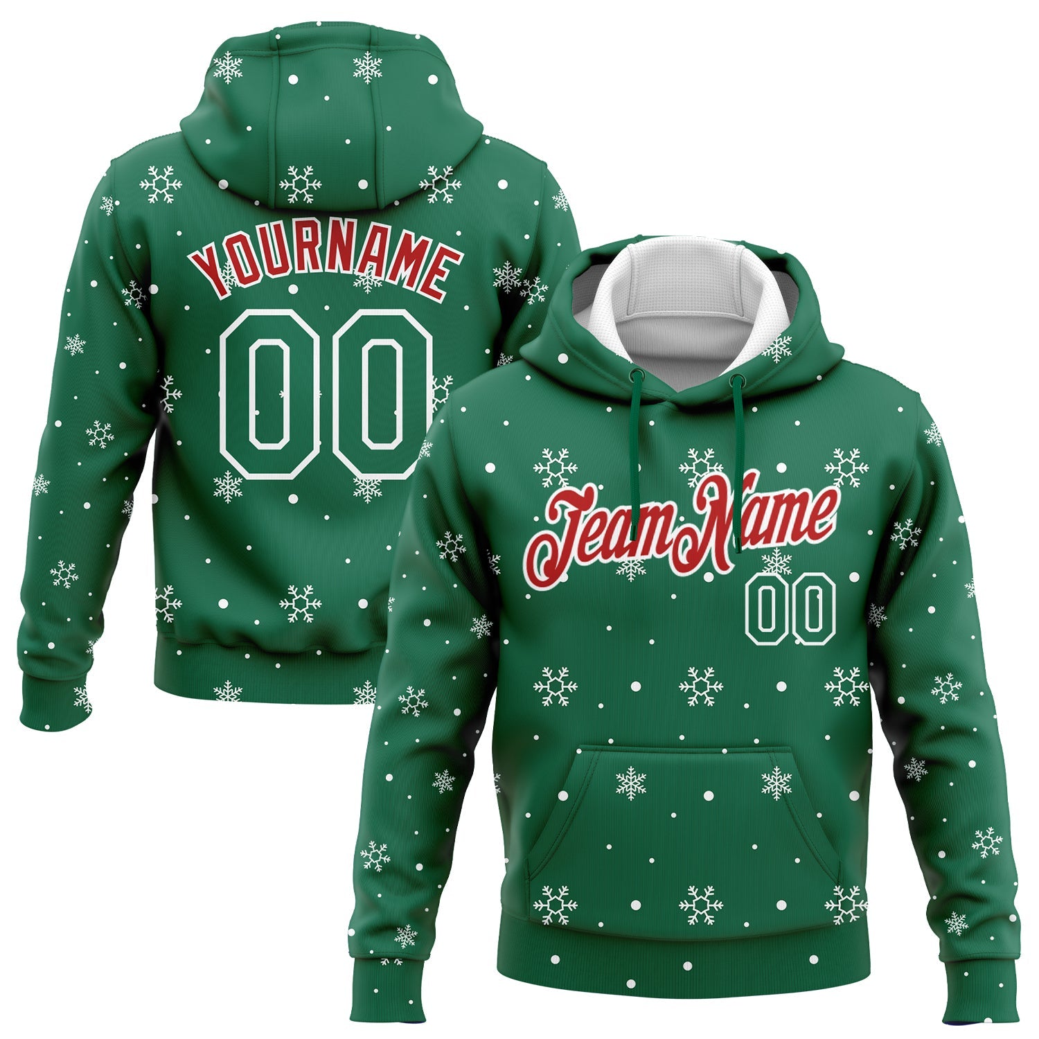 Custom Stitched Kelly Green Red-White Christmas 3D Sports Pullover Sweatshirt Hoodie - Main View