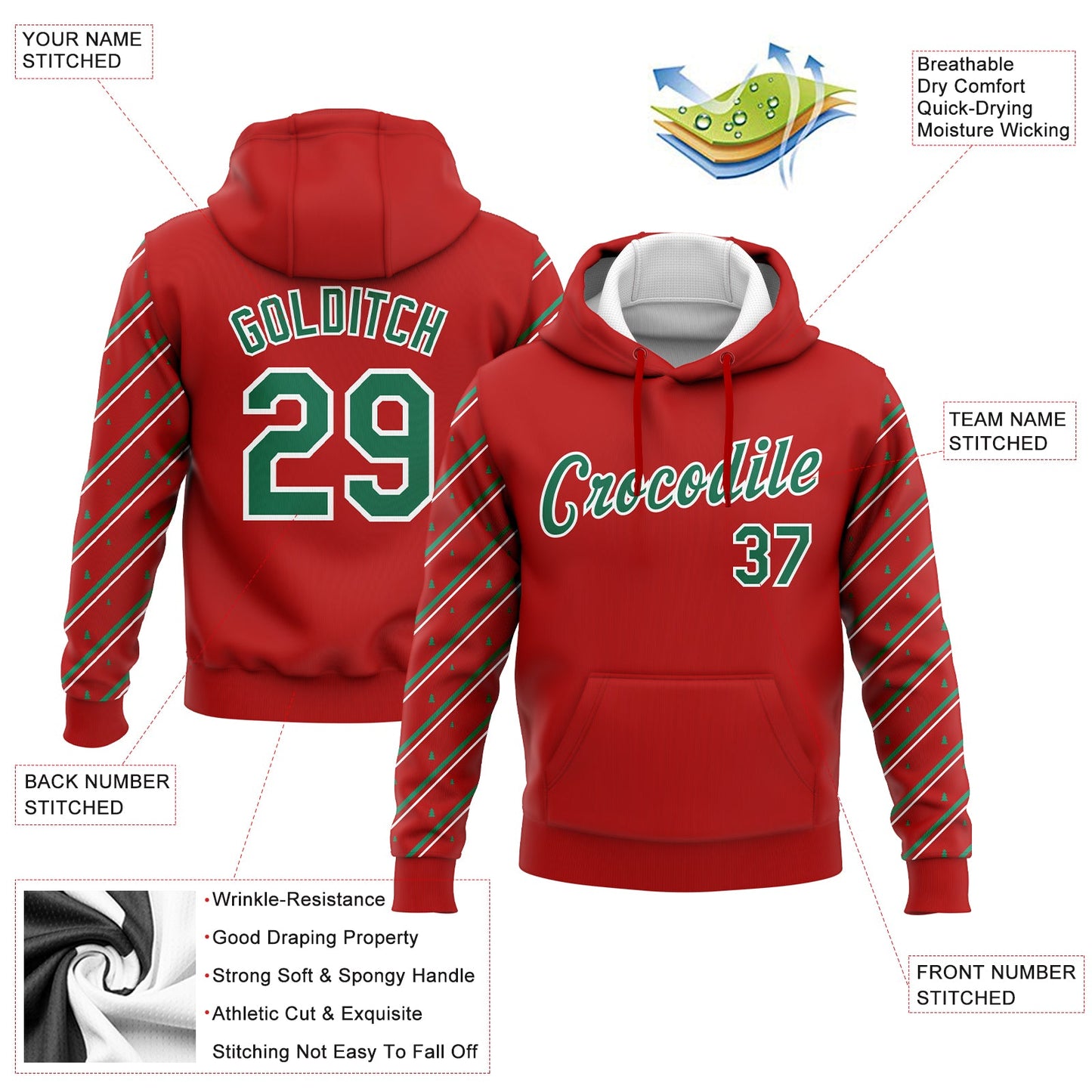 Custom Stitched Red Kelly Green-White Christmas 3D Sports Pullover Sweatshirt Hoodie view 2