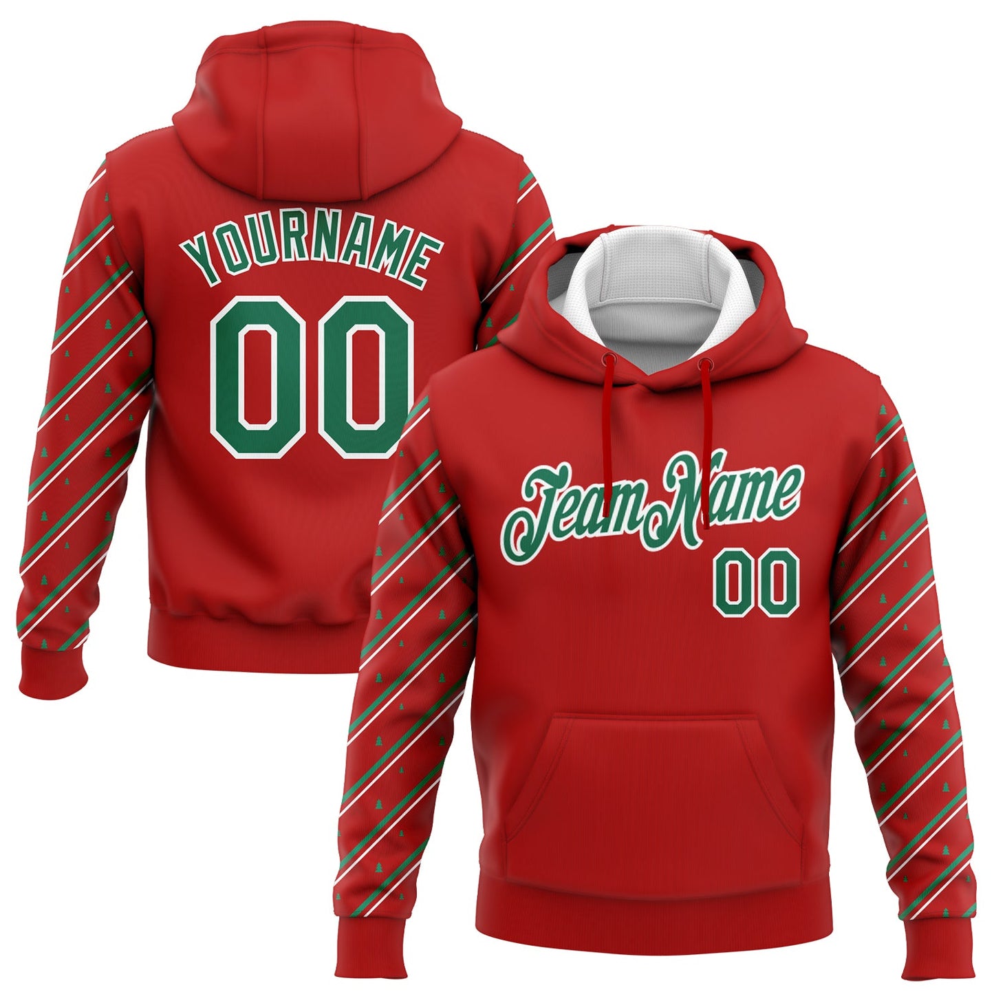 Custom Stitched Red Kelly Green-White Christmas 3D Sports Pullover Sweatshirt Hoodie - Main View
