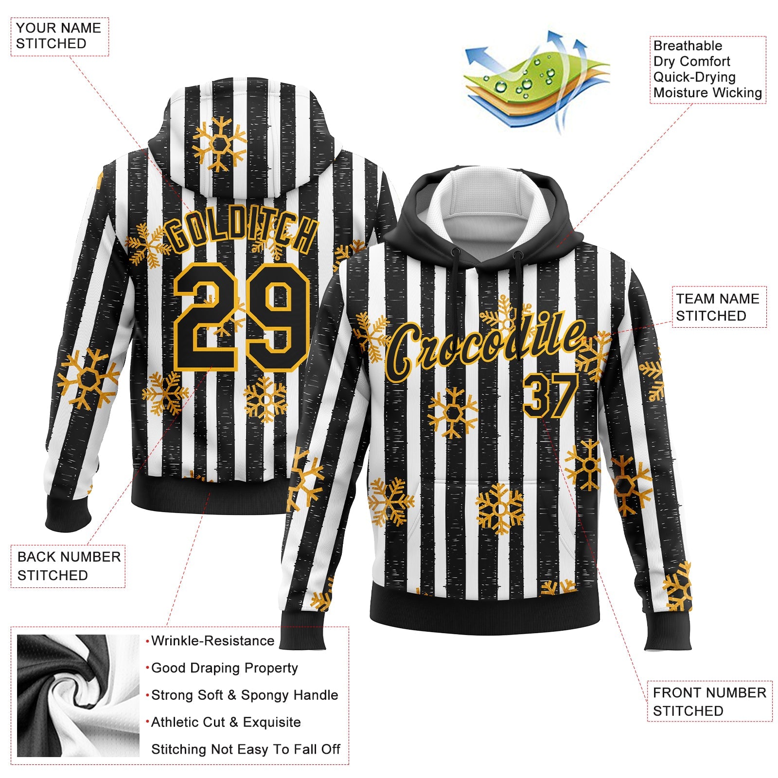 Custom Stitched Black Gold-White Christmas Gold Snowflakes 3D Sports Pullover Sweatshirt Hoodie view 2