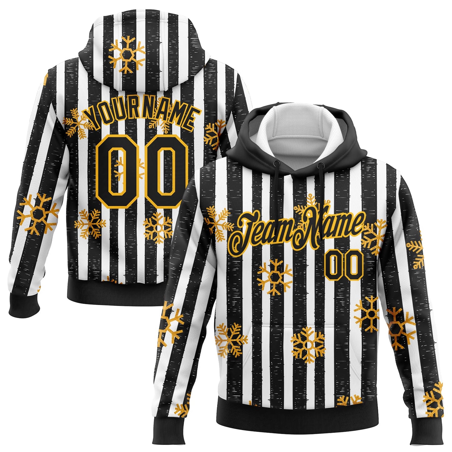 Custom Stitched Black Gold-White Christmas Gold Snowflakes 3D Sports Pullover Sweatshirt Hoodie - Main View