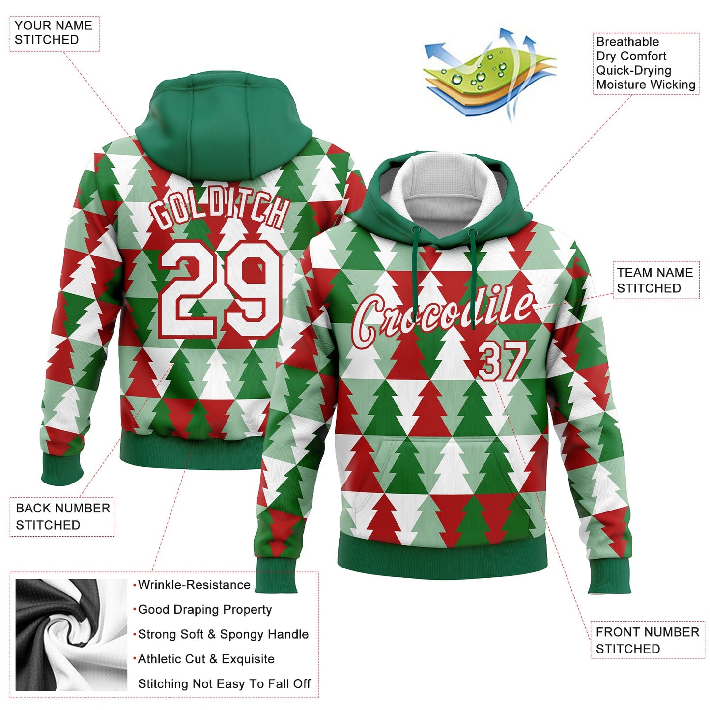 Custom Stitched Kelly Green White-Red Christmas Tree 3D Sports Pullover Sweatshirt Hoodie view 2