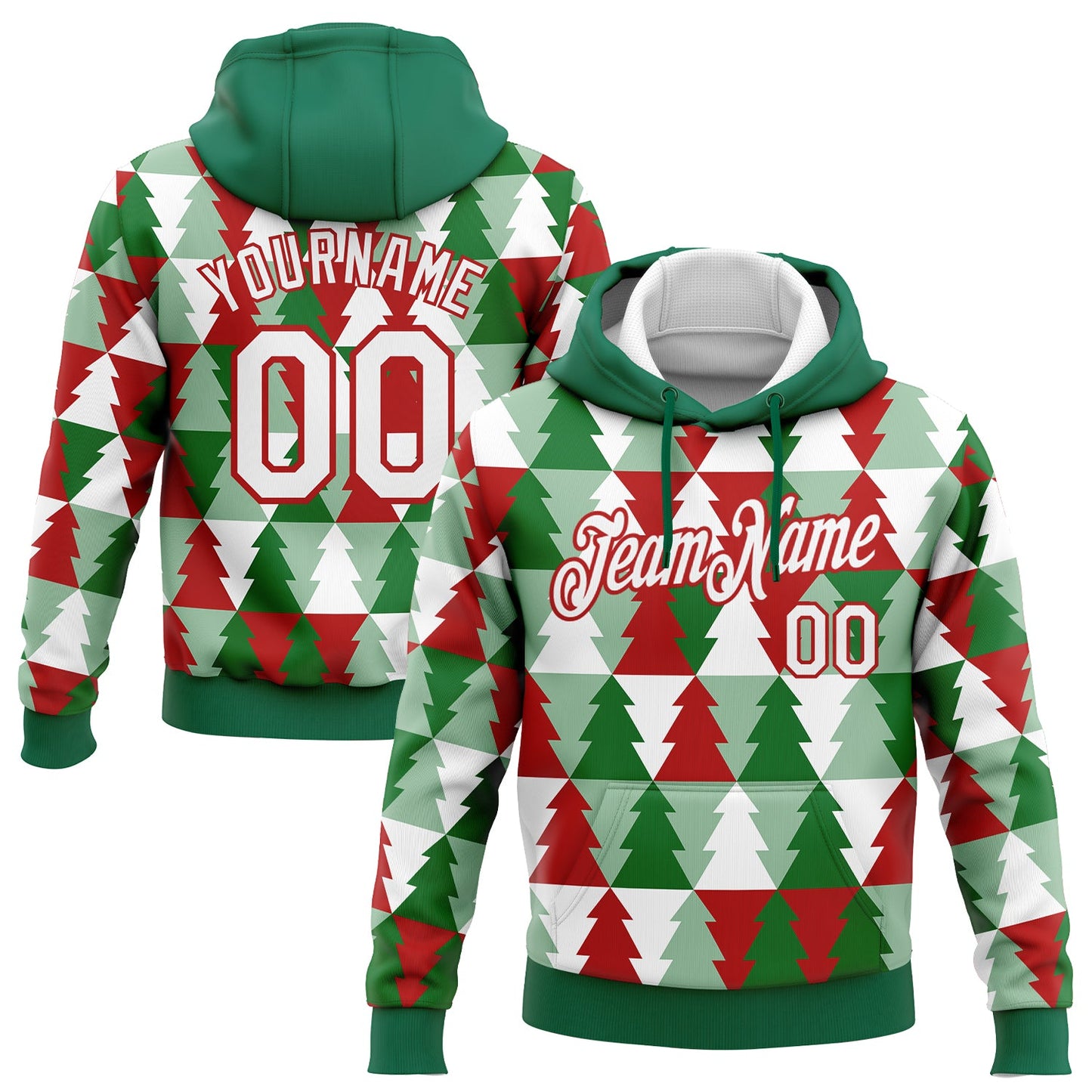 Custom Stitched Kelly Green White-Red Christmas Tree 3D Sports Pullover Sweatshirt Hoodie - Main View