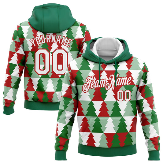 Custom Stitched Kelly Green White-Red Christmas Tree 3D Sports Pullover Sweatshirt Hoodie - Main View