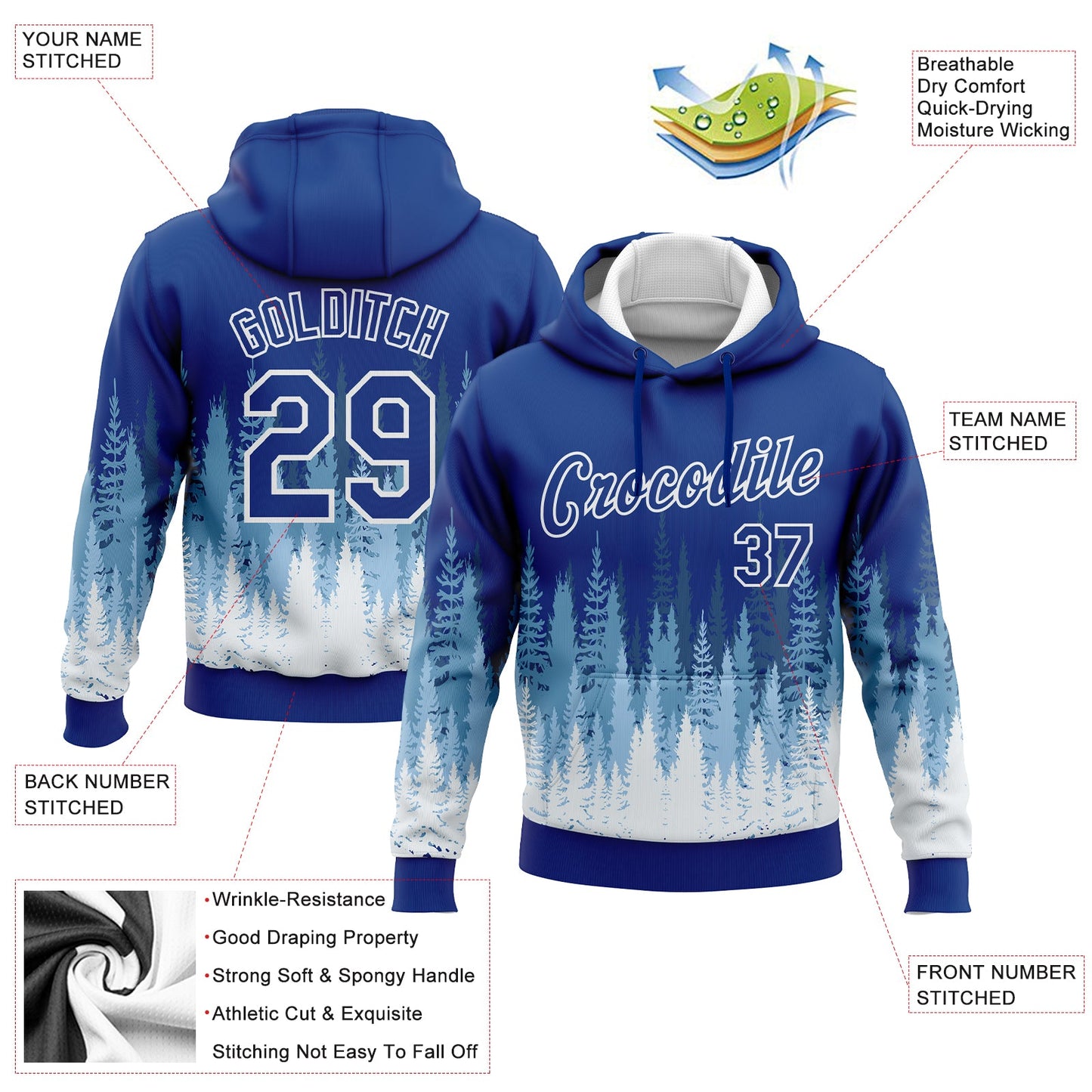Custom Stitched Royal White Christmas Tree 3D Sports Pullover Sweatshirt Hoodie view 2