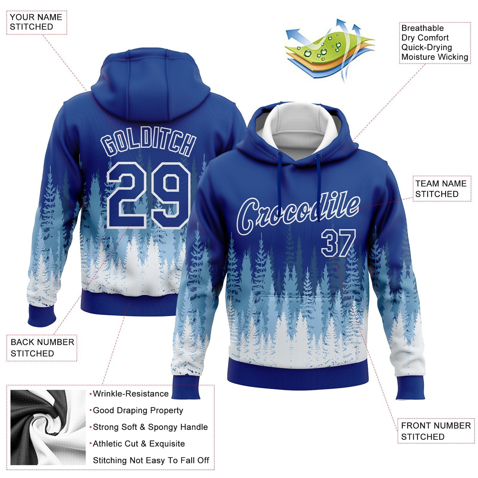 Custom Stitched Royal White Christmas Tree 3D Sports Pullover Sweatshirt Hoodie view 2
