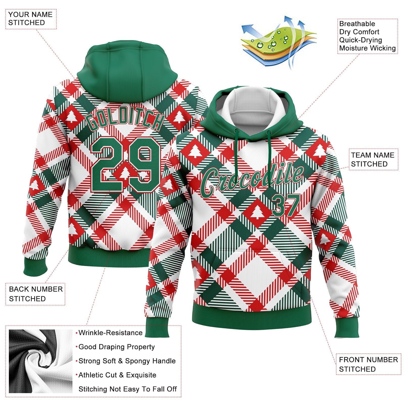 Custom Stitched White Kelly Green-Red Christmas Tree 3D Sports Pullover Sweatshirt Hoodie view 2