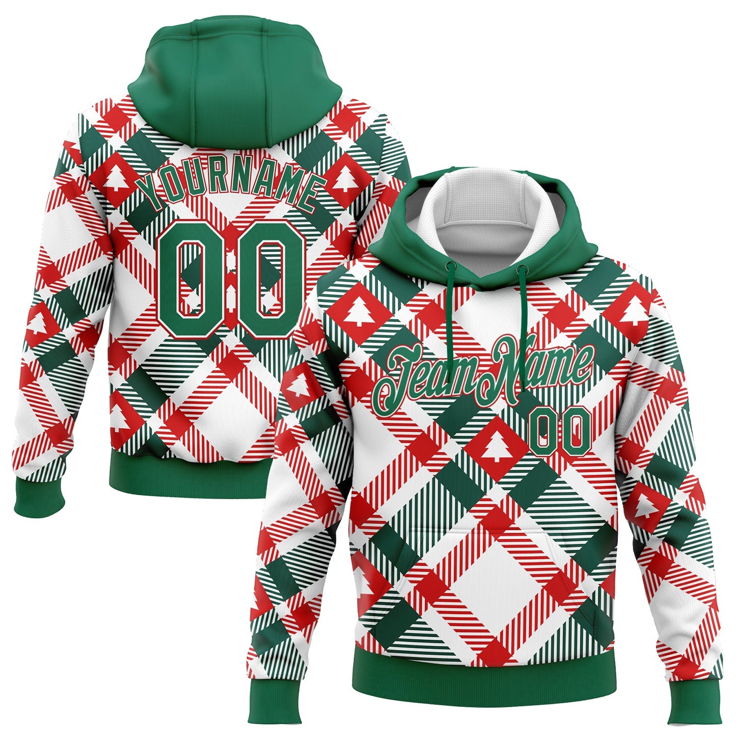 Custom Stitched White Kelly Green-Red Christmas Tree 3D Sports Pullover Sweatshirt Hoodie - Main View
